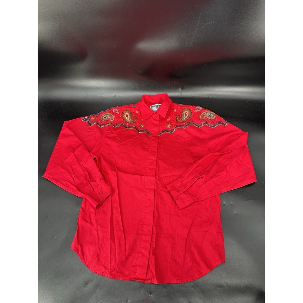 Vtg Wrangler Western Sequin Paisley Red Button Down T-Shirt Women's Size Medium